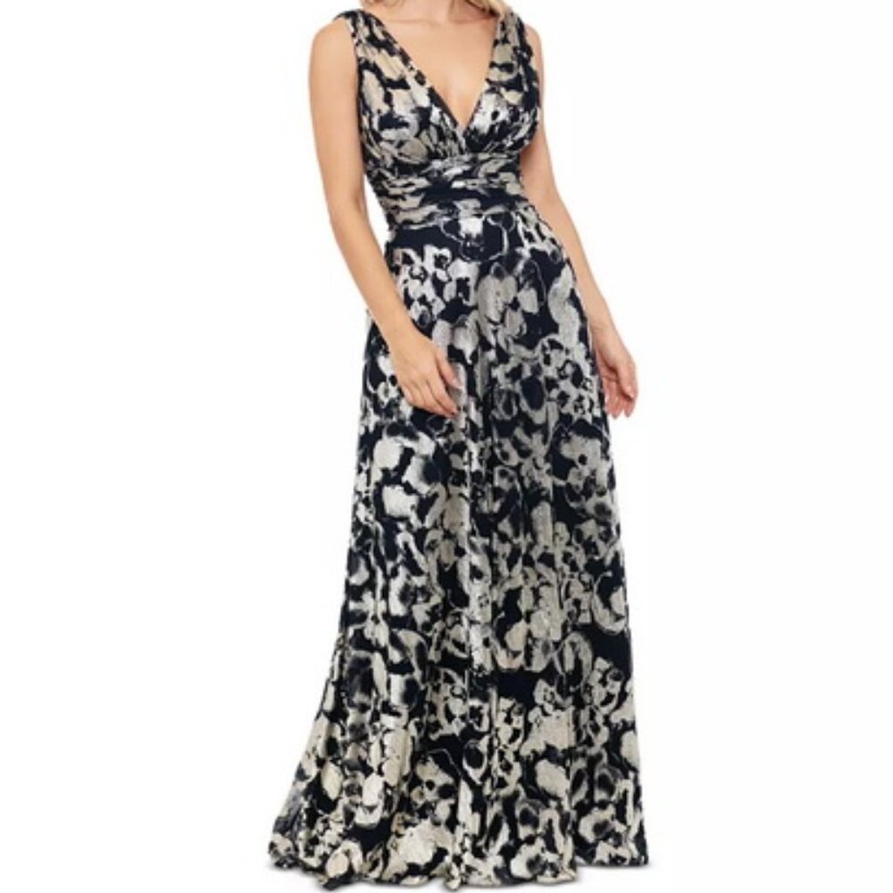 Betsy & Adam Navy Blue Gold Foil Print Sleeveless Mesh Gown